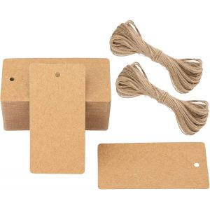 KALANKA-100PCS Étiquettes en Papier Kraft Étiquette Cadeaux 4.5x9cm Kraft Étiquettes Étiquettes de Mariage avec 20M Ficelle pour Noël Anniversaire Communion,Marron - Neuf