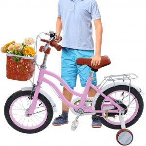 KSFAL-Vélo Pour Enfant De 14 Pouces Avec Roues D'Entraînement De 3 À 7 Ans-Vélo Cargo Avec Siège Arrière Et Panier Pour L'Entraînement En Plein Air-Tricycle Réglable En Hauteur - Neuf