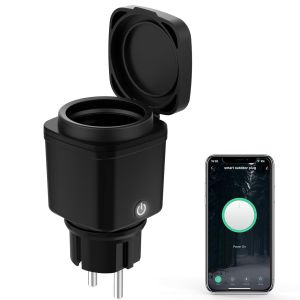 Prise Wi-Fi intelligente d'ext&eacute;rieur 2,4 GHz avec mesure de courant - Prise de jardin intelligente avec minuterie - Commande vocale - Compatible avec Alexa/Google Home - &Eacute;tanche IP44 - Noir - Neuf