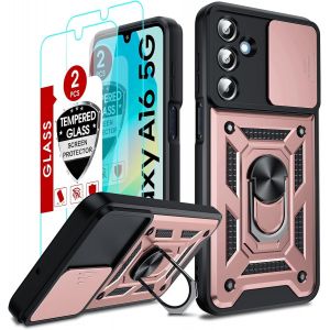 Kal-Coque Pour Samsung Galaxy A16/A 16 5g/4g Antichoc Avec 2*Verre Trempé+Full Protection Caméra Coulissante,Anneau Support, Étui De Pc Dur Et Tpu Cover Silicone Militaire Anti-Rayures Housse,Rose - Neuf