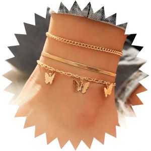 Bracelets De Cheville Boho En Chaîne Serpent Papillon Minuscule Papillon Dangle Bracelet De Cheville En Chaîne À Chevrons D'or Bracelet De Cheville En Chaîne Cubaine Vintage Chaîne De Pied - Neuf