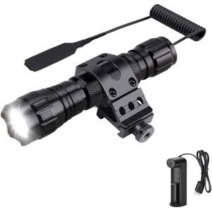 Tactical Rechargeable Led Torch, 1300 Lumens Hunting Lamp Powerful Matte Black 1 Mode Waterproof Torch With Pressure Switch, Rail Holder And Battery Charger - Neuf