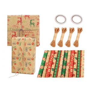 Ensemble de papier cadeau de No&euml;l avec ficelle de jute et accessoires - Neuf