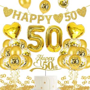 SJZG-D&eacute;corations De Mariage Dor&eacute;es, D&eacute;corations Du 50E Anniversaire - Banni&egrave;re ""Happy 50"", Ballons En Aluminium Num&eacute;rot&eacute;s Et Ballon En Latex, Confettis Num&eacute;ro 50 Dor&eacute;s, D&eacute;coration De G&acirc;teau (Gold) - Neuf