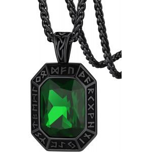 Trahoo-Collier Pendentif Homme Femme Viking Runes Nordique Gothique, Acier Inoxydable Grand Onyx Rubis/Saphir/Pierre Gemme Émeraude/Agate Noire Chaîne Robuste 55+5cm- 22""+2"" Pouces - Neuf