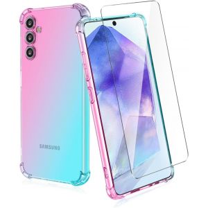 KAL-Housse Pour Samsung Galaxy A55 5G Coque + 1 Pi&egrave;ces Verre Tremp&eacute;, D&eacute;grad&eacute; De Couleurs Anti-Choc Housse Pour T&eacute;l&eacute;phone Portable -Rose/Vert - Neuf