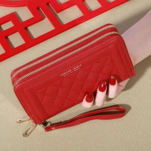 HUED-Portefeuille long en cuir PU avec pompon pour femme, porte-monnaie, porte-cartes, double fermeture &eacute;clair, pochette de luxe, sac d'argent et de t&eacute;l&eacute;phone-wine red - Neuf