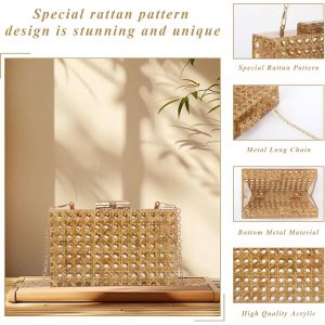 TZF-Femmes sac à main à embrayage acrylique sac à main à motif tissé rattan boîte carrée sac à crossbody chic sac de soirée - Neuf