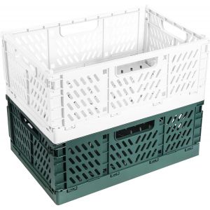 Sjzg-Lot De 2 Bo&icirc;tes Pliantes En Plastique Robustes - Panier De Rangement Pliable - Empilables - Pour Rangement De Cuisine, Chambre &Agrave; Coucher, Bureau, Jardin - Vert Fonc&eacute; + Beige - 42 X 28 X 16 Cm - Neuf