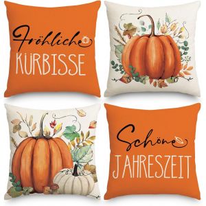 CAUC-Lot de 4 housses de coussin d'automne, 45 x 45 cm, motif citrouilles, automne et ext&eacute;rieur, pour la ferme, Thanksgiving, Halloween, parure de lit, salon, d&eacute;coration d'automne - Neuf