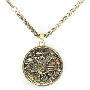 Kal-Collier Loup Pour Homme, Collier Amulette Boussole Loup R&eacute;tro, Collier Pendentif T&ecirc;te De Loup Viking Nordique Avec Cha&icirc;ne De 23,6 Po, Collier De Runes De Loup Ancien, Bijoux Punk Loup - Neuf