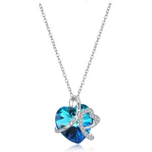 Asas-Collier Femme Coeur D'amour Cristal De Swarovski Pendentif En Argent 925 Avec Zircon Bijoux Fantaisie Gravé¿Mom¿Avec Chaîne De 17.7"-Cadeaux Pour Maman(Argent Bleu) - Neuf