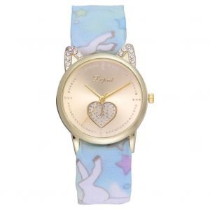 Montre-Bracelet A Quartz Lvpai P817 Pour Femme, Bracelet En Tissu Imprime, En Alliage, Avec Strass Et Oreilles De Chat (Bleu Ciel) - Neuf