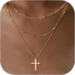 TIANYI-Collier Croix Femme Chr&eacute;tienne Cha&icirc;ne Courte Crucifix Rigide L&eacute;ger Mince Petit - Neuf