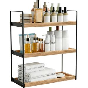 &Eacute;tag&egrave;re de Salle de Bain 3 Niveaux, Organisateur Salle de Bain en Bois 42x34x17 cm, Support Produit Douche avec Structure M&eacute;tal, Porte de Douche Gain de Place, pour Toilette Balcon Cuisine - Neuf