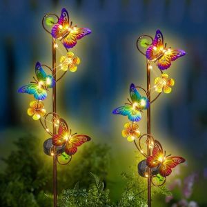 Lot de 2 lampes solaires papillon pour jardin, d&eacute;coration ext&eacute;rieure avec LED blanc chaud et corps en m&eacute;tal - Neuf