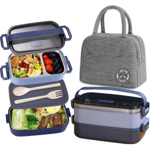 Bento Lunch Box Avec Sac Lunch, 1100ml 2 Etages Boite Repas Avec Compartiments Inox, Hermétique Boîtes Bento Pour Pique Nique, Travail, Goûter, Ecole(Bleu) - Neuf