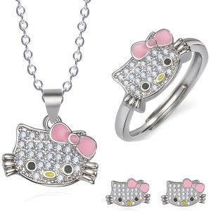 Kal-3 Pièces Hello Kitty Bijoux Femme,Boucles D'oreilles Et Collier Chat, Collier En Forme De Chat, Collier Femmes Bijoux Pour Les Femmes Filles, Mignon Chat Anneaux Femmes Bijoux - Neuf
