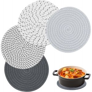 Jexnovashop-Lot De 4 Dessous De Plat Ronds De 18 Cm En Coton Tress&eacute; Pour Cuisine, Bol, Casseroles, Po&ecirc;les, Th&eacute;i&egrave;re Et Assiettes (Gris) - Neuf