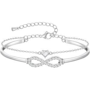 Bracelet Double Pour Femme - Bracelet Signe D'infini Avec C?ur Zirconium, D'amitié Réglable En Cuivre Bracelets Bijoux Femme Cadeaux Pour Mère Épouse Amie - Neuf