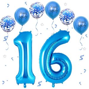 Ballon Anniversaire 16/61 Ans Bleu,101 CM Chiffre 16,Happy Birthday Decoration,Décoration Numéro pour 16/61-Vole à l'Hélium - Neuf