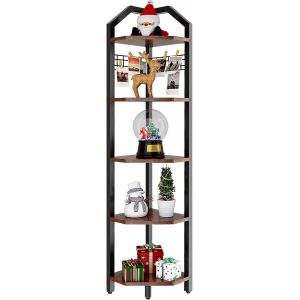 Ulteronixshop-tag&egrave;re d'angle &agrave; 5 Niveaux, Hauteur 176CM Biblioth&egrave;que du Coin, Meuble de Rangement Polyvalent, Porte-Plantes, pour Salon, Chambre, Bureau, Style Industriel, Marron Rustique HBR006H - Neuf