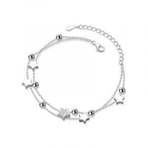 Bracelet En Argent Pour Femme, Bracelet 2 En 1 R&eacute;glable En Perles Et &Eacute;toiles Pour Filles, Bracelet Double En Argent Pour Femme, Bracelet Fin, Bijoux, Cadeau D'anniversaire Pour Adolescentes - Neuf