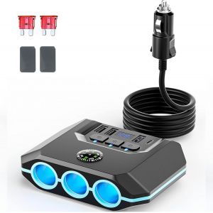 JGD-R&eacute;partiteur allume-cigare, adaptateur de chargeur de voiture 120 W avec USB et PD, prise d'alimentation multi-ports 7 en 1 avec interrupteurs ind&eacute;pendants et affichage de la tension LED pour v&eacute;hi - Neuf