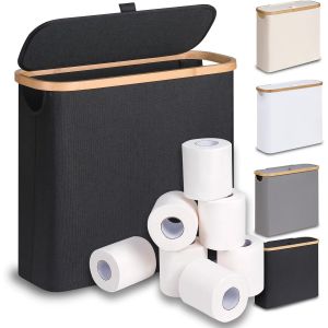 28 L Boite Rangement Papier Toilette avec Couvercle, Bambou Panier &agrave; Papier Hygi&eacute;nique Boite Rangement Salle de Bain, Corbeille Porte-Papier Toilette pour 9 &agrave; 12 Rouleaux, Noir - Neuf