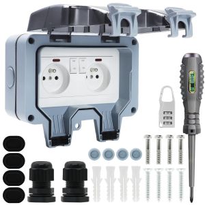 Prise Exterieure Etanche IP66 Double Prise de Courant et Volet de Protection Multiprise Electrique Murale de Jardin, Prise Anti-Poussi&egrave;re et Coupe-Vent avec Interrupteur, Voyant Lumineux (MPG2-FSN) - Neuf