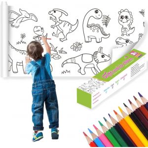 Kalanka-30 M*30 Cm Rouleau Coloriage, Rouleaux Dessin Coupables, Rouleau Papier Dessin, Avec 12 Crayons Couleur, Découpable, Collable, Pour, Etudiants, Cadeaux D'anniversaire (Motif De Dinosaure) - Neuf