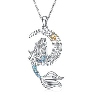Collier Sir&egrave;ne En Argent Sterling Avec Des Cadeaux De Bijoux Pendentif Lune En Cristal Bleu Pour Les Femmes - Neuf
