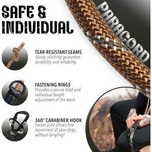 Laisse Chien R&eacute;glable 3m Corde, Longe Pour Chien Mains Libres, Laisse Double Pour 2 Chiens, 2x Mousqueton 360&deg; En Aluminium, Paracord Nylon R&eacute;fl&eacute;chissant, D&eacute;tails En Cuir, Couleur:Brun - Neuf
