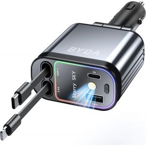 Chargeur de voiture r&eacute;tractable 4 en 1 4 en 1, adaptateur USB-C 69 W pour iPhone 16/15/14/13/12, Android, prise r&eacute;glable &agrave; 180 &deg;, prise en charge multi-appareils, &eacute;conomie d'espace, pour conducteurs - Neuf