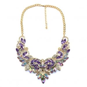 Femmes R&eacute;tro Galvanis&eacute; Alliage Strass Fleur Pendentif Collier Cha&icirc;ne Bijoux Cadeau (Lilas) - Neuf