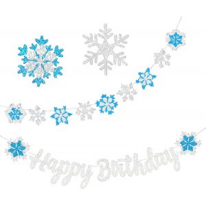 MEVRONISSHOP-2PCS Happy Birthday Neiges Banner D&eacute;Corations De Banni&egrave;Res de Flocons de Neige, D&eacute;Corations Sc&egrave;Nes de No&euml;L, F&ecirc;Tes No&euml;L, F&ecirc;Tes d'anniversaire d'enfants, D&eacute;Corations sur Le Th&egrave;Me de Frozen - Neuf