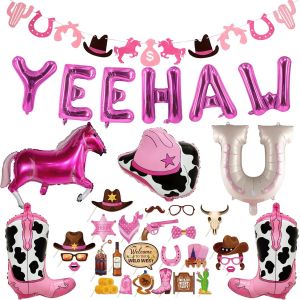 Lot De 37 Ballons Décoratifs De Fête De Cowgirl Occidentale - Décoration De Fête - Rose Yee Haw - Ballons En Aluminium - Accessoires Photo Pour Enterrement De Vie De Jeune Fille - Neuf
