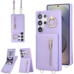 Maa-Coque Pour Samsung Galaxy S25 Ultra Coque Etui Avec Sangle Réglable Portefeuille En Cuir Anti-Rfid Pochette Magnétique Flip Case Étui Cover Housse Protection Avec Anneau-Violet - Neuf