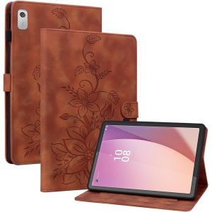 KAL-Coque Pour Lenovo Tab M9 2023 9 Pouces Mod&egrave;le Tb310Fu, Multi-Angles De Visualisation Housse De Protection En Similicuir Avec Porte-Carte Couverture Motif Lys, Marron - Neuf