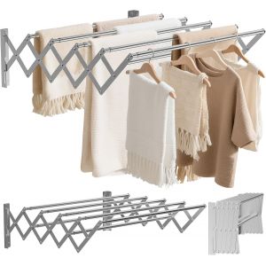 &Eacute;tendoir &agrave; Linge Mural PliableS&eacute;choir &agrave; Linge Mural en Acier Inoxydable avec 7 TigesLargeur R&eacute;tractable: 42-80CMPorte-Serviettes Suspendu pour Buanderie Salle de BainMoyen (Argent) - Neuf