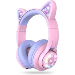 lbgwp60-Casque Audio Enfant Bluetooth, Casque Sans Fil Pour Enfant Oreille De Chat Contrôle Du Volume Réglable 74/85Dba Avec Microphone Pour Ecole/Tablette/Téléphone/Pc - Neuf
