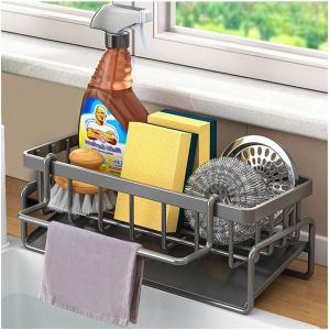 ERYI-Porte Eponge Evier Cuisine Gris,Organisateur Evier,Rangement Eponge Cuisine,Support Evier Inox,Porte Savon Cuisine Evier,Egouttoir Evier Eponge Avec Bac D'Écoulement Automatique - Neuf