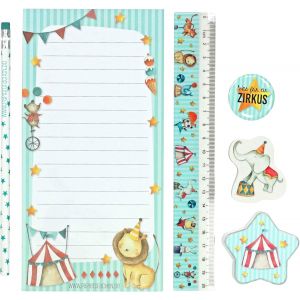 Set d'écriture 6 pièces|motif cirque|avec taille-crayon,règle,gomme,bloc-notes et bouton|idée cadeau pour le premier jour d'école ou fête d'anniversaire d'un enfant|set 3 - Neuf