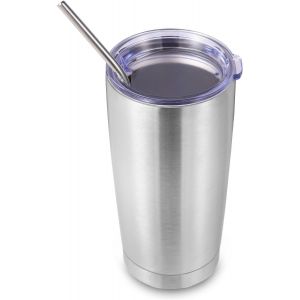 Lot De 1 Gobelet De Voyage En Acier Inoxydable De 591 Ml Avec Couvercle Et Paille, Tasse À Café Glacé À Double Paroi Isotherme Pour Porte-Gobelet De Voiture, Gobelets À Revêtement En Poudre - Neuf