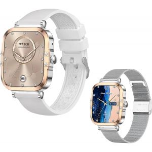 Kalanka-Montre Connectée Femme Amoled 1,75"" Hd U2013 Appels Bluetooth & Notifications U2013 Suivi Santé & U2013 Étanche Ip68 U2013 2 Bracelets Inclus U2013 Sos - Cadran Doré & Boîtier Argenté U - Neuf