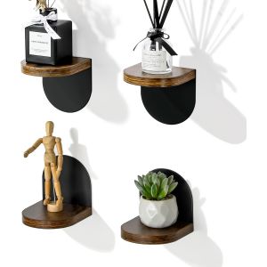 Lot De 4 Petites Etagere Murale Blanche, Tablettes Flottantes En Bois Avec Pi&egrave;tement En M&eacute;tal Pour Petits Objets, Tablette Murale De D&eacute;coration Rustique Pour Chambre, Salon, 10x10cm, Adh&eacute;sif - Neuf