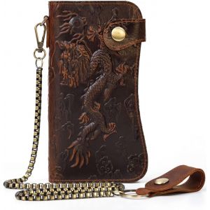 CMJAAGUR-Portefeuille Homme En Cuir V&eacute;ritable 14 Emplacements Pour Cartes De Cr&eacute;dit Portefeuille Pour Homme Poche &Agrave; Monnaie Avec Cha&icirc;ne, Portefeuille (Motif Dragon)[M467] - Neuf
