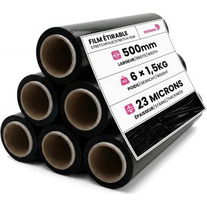 VornixorSarlshop6 rouleaux de film &eacute;tirable noir 23 microns 500mm 1,5kg film pour palettes emballage &eacute;tirable rouleau de plastique extensible pour emballer colis protection plastique emballage d&eacute;m&eacute;na - Neuf