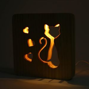 Lampe De Chevet,Veilleuse 3d,Veilleuse Motif Coeur De Chat Avant Arri&egrave;re Creux En Bois 3d Led Lampe De Chevet Pour Chambre Restaurant - Neuf