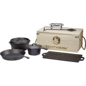 Subzonal-Set De 7 Dutch Oven En Fonte Dans Une Caisse En Bois, Set De Casseroles Avec Marmite, Casserole &Agrave; Manche, Plaque De Gril, Po&ecirc;le, D&eacute;j&agrave; Cuit Au Four, Noir - Neuf